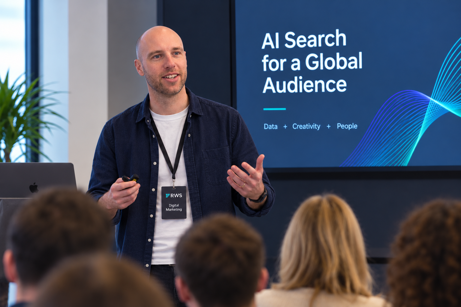 Mike Booth presenting on AI search to an audience